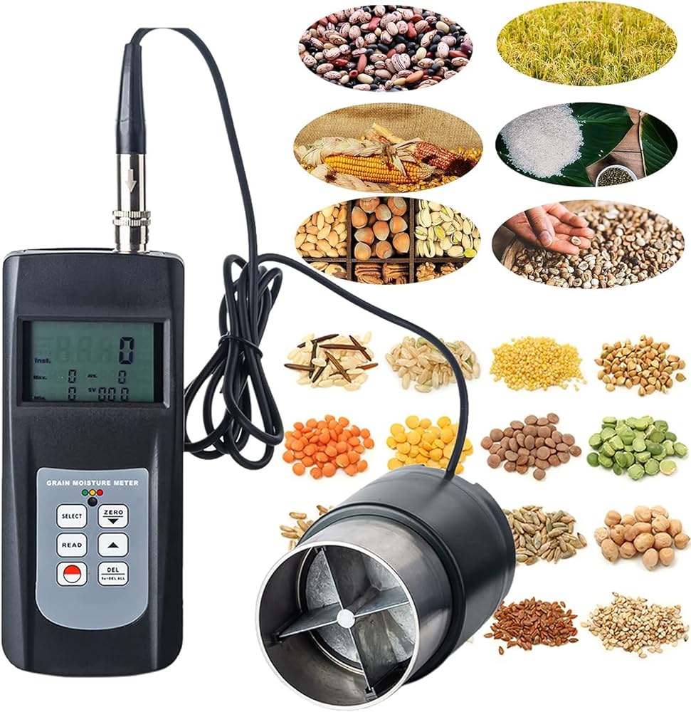 A person holding a grain moisture tester with a wide moisture range and grain calibrations