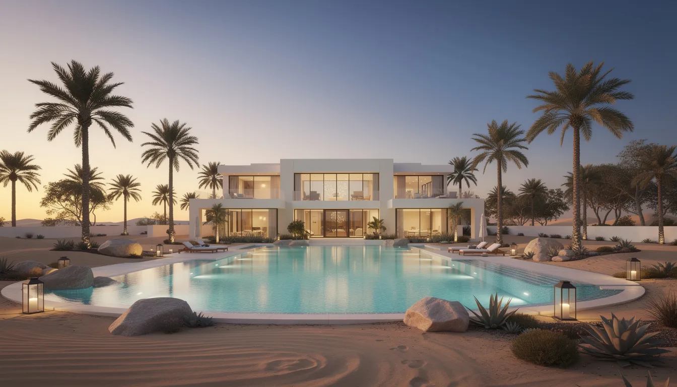The image depicts a luxurious villa pool in Dubai, surrounded by lush palm trees and beautifully designed desert landscaping, showcasing crystal clear water perfect for relaxation. This serene setting emphasizes the importance of swimming pool maintenance services to keep such an exquisite pool in perfect condition year-round.