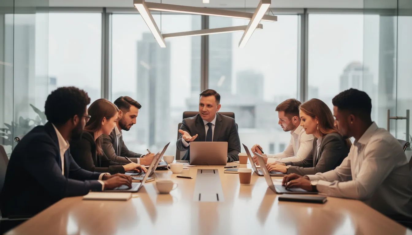 Zespół pracowników biurowych uczestniczy w spotkaniu projektowym, pracując na laptopach i omawiając etapy planowania oraz postępy projektu. Spotkanie ma na celu skuteczne zarządzanie procesami oraz osiągnięcie celów projektu w określonych ramach czasowych.