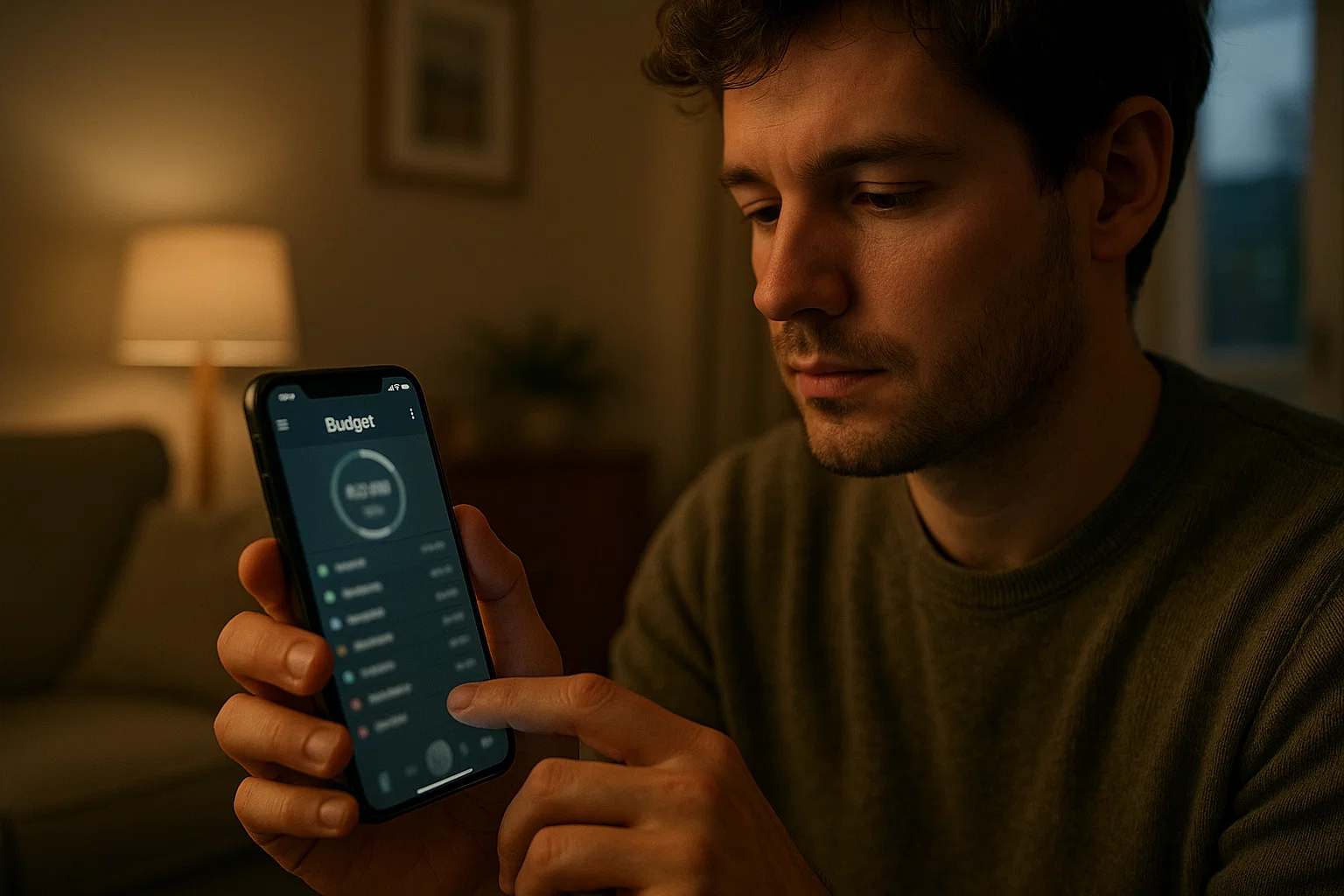 A young adult using a smartphone in a UK home to manage their finances responsibly.