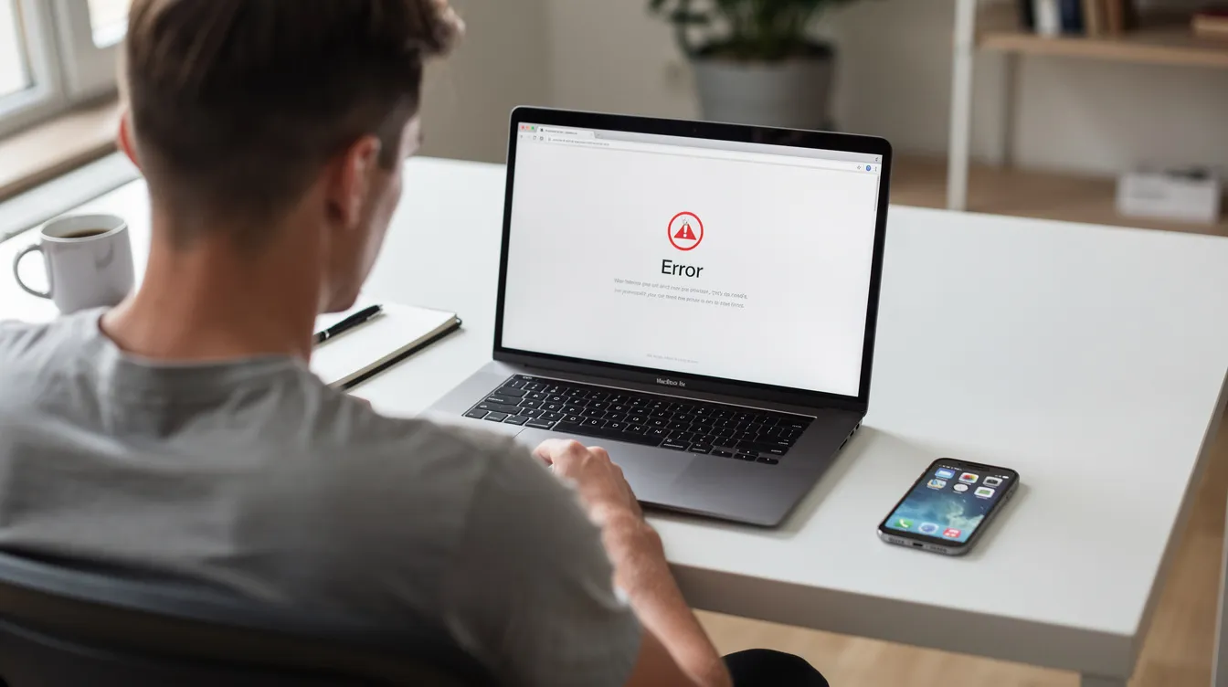 The image depicts a person sitting at a desk, focused on a laptop displaying an error page indicating that the servers are down, while a second device rests nearby. This scene suggests the user is experiencing service interruptions, possibly related to scheduled maintenance or technical issues affecting their website.