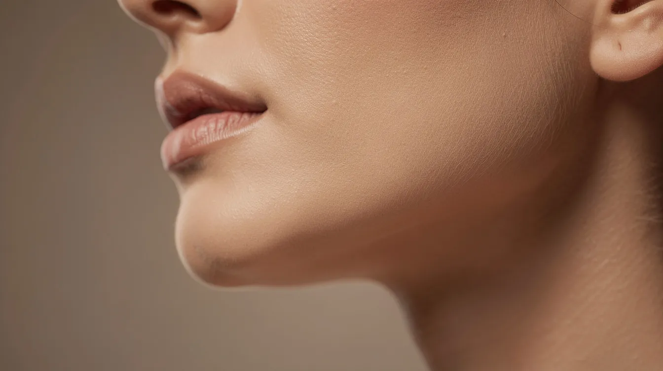 The image features a person's well-defined chin and jawline captured from a side profile angle, illuminated by soft lighting. This aesthetic showcases the results of cosmetic treatments aimed at removing excess fat and achieving a more contoured appearance, often sought after through options like Kybella or chin liposuction.