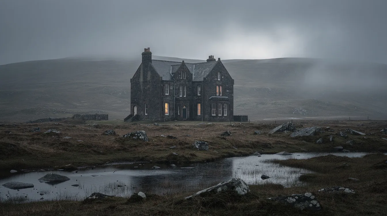 Ein großes, altes Landhaus thront in einer kargen schottischen Moorlandschaft, während dichter Nebel über die Hügel zieht und das Licht eine dramatische Atmosphäre schafft, die an die düstere Stimmung vieler James Bond Filme erinnert. Diese Szenerie könnte leicht als Kulisse für ein Bond-Abenteuer dienen, in dem Agent 007 auf einen geheimen Auftrag geschickt wird.
