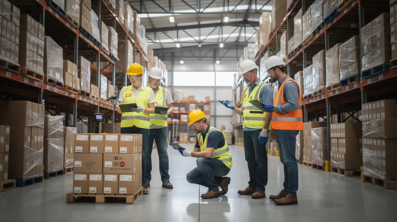 The image shows an industrial warehouse where a team of workers in safety gear is inspecting products, demonstrating a commitment to health and safety standards. This scene reflects the company's dedication to training and leadership as they tackle daily challenges in their jobs.