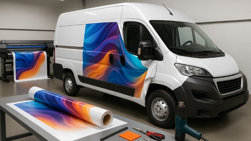 Vinyl wrap for van is being printed and applied in studio