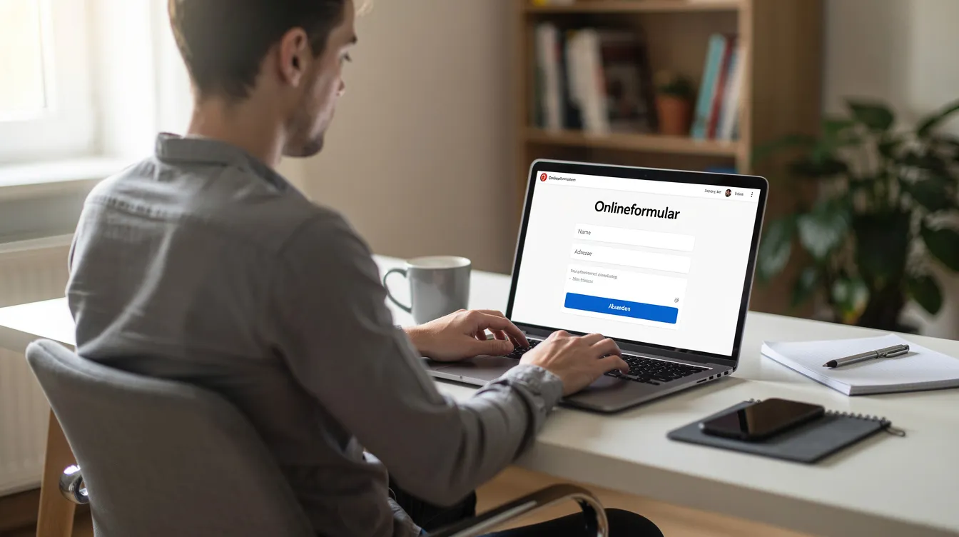 Eine Person sitzt an einem Laptop und füllt ein Onlineformular für den Antrag auf Wohngeld aus. Auf dem Bildschirm sind Informationen über Einkommensgrenzen und Zuschüsse zu den Wohnkosten sichtbar, während die Person konzentriert ihre Angaben einträgt.