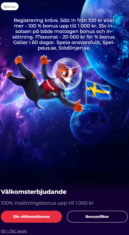 SlotV Casinos välkomstbonus med 100 % insättningsbonus upp till 1 000 kr.