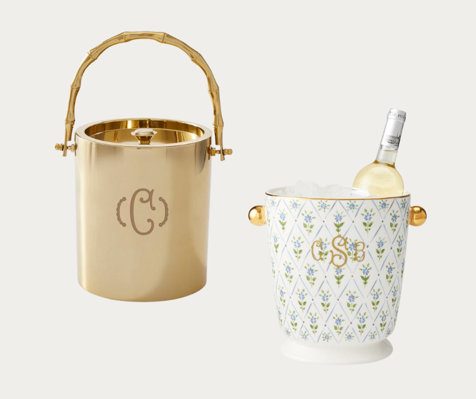 Personalized Wine Buckets & Chillers with a gold bamboo handle and a ceramic look to the right