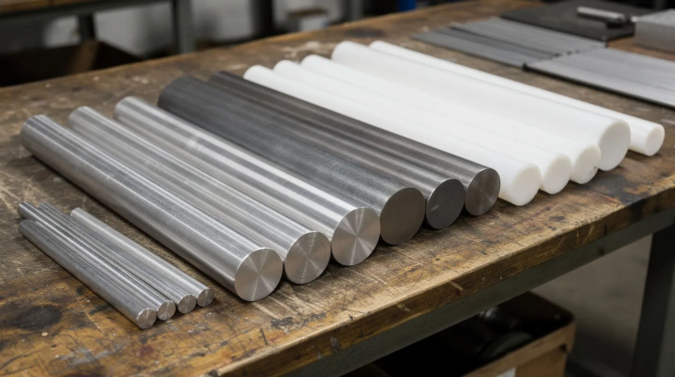 The image features assorted raw metal billets and plastic rods neatly arranged on a workshop table, showcasing materials such as aluminum, titanium, and steel alongside white plastic cylinders. This setup highlights the essential components used in precision machining processes, including CNC machining and custom machined parts for various industries.