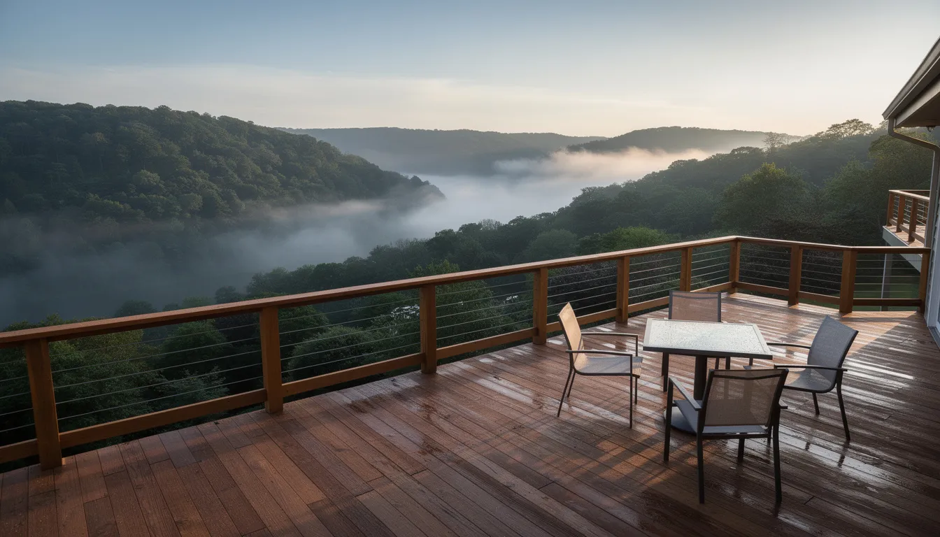 Deck Materials Performance,Sparta deck materials 1 The Image Features An Elevated Wooden Deck Made From Natural Wood, Overlooking A Misty Forested Hillside In New Jersey. This Inviting Outdoor Living Space Showcases The Beauty Of Traditional Wood Decks, Providing A Serene View Of The Valley Below, Perfect For Enjoying Peaceful Mornings.