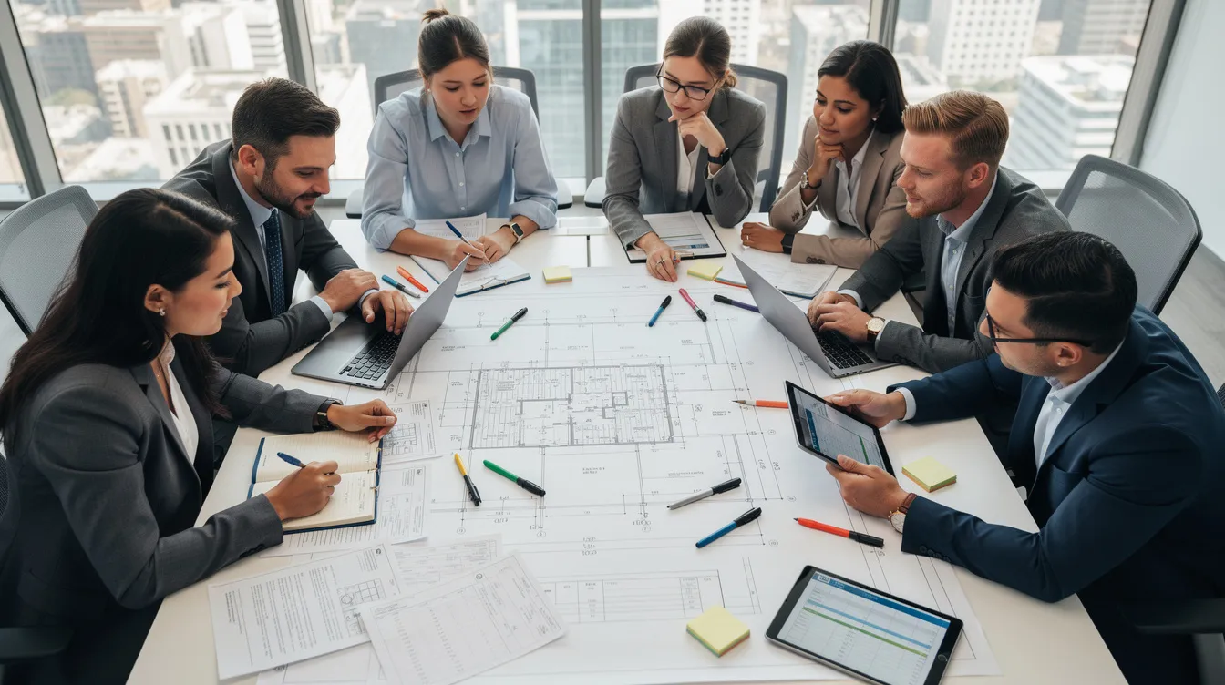 A project team reviews construction documents around a conference table.
