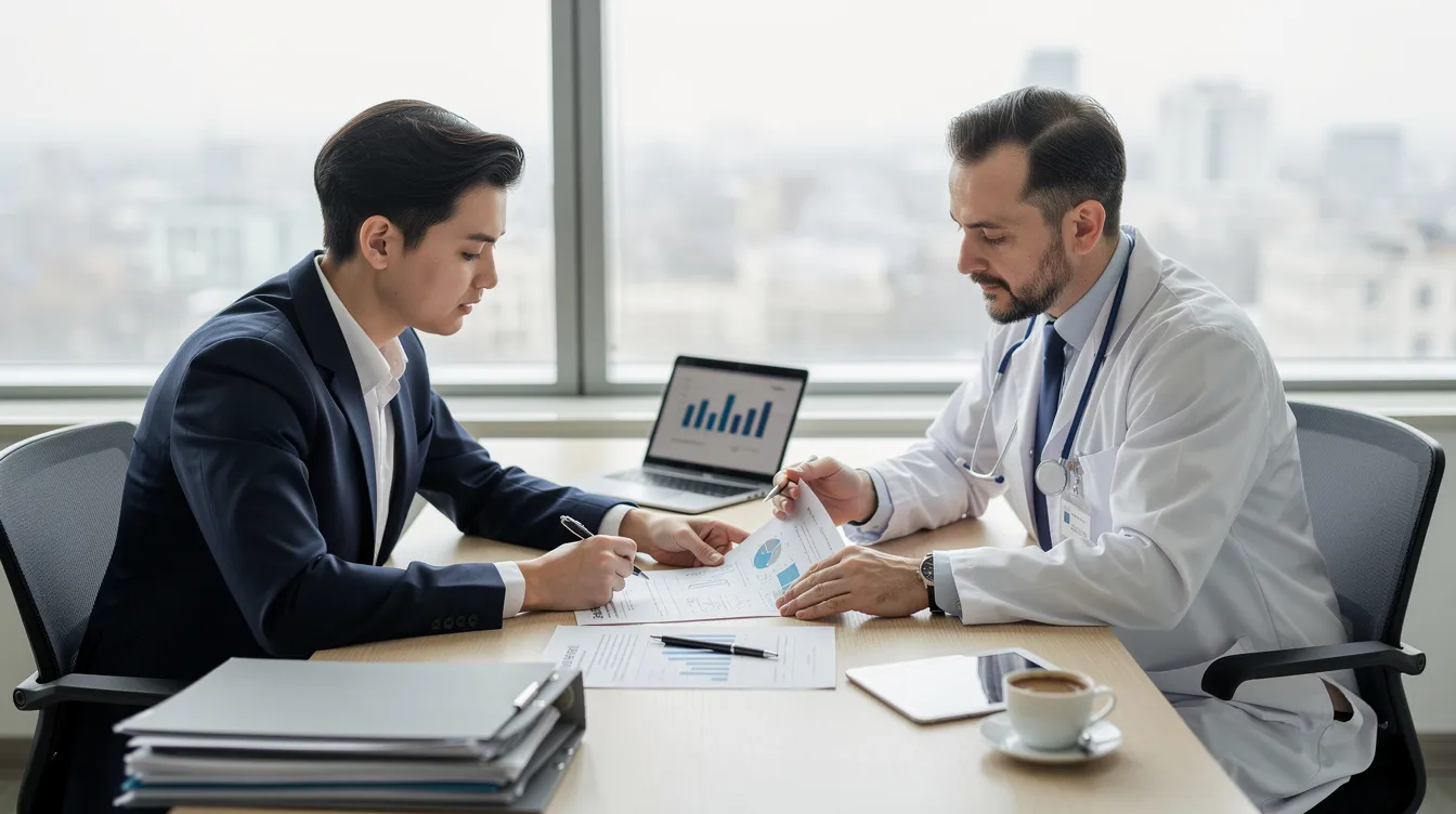 In the image, a chartered accountant and a doctor are engaged in a professional discussion at a desk, reviewing detailed project reports and financial documents relevant to hospital expansion. The setting suggests a focus on accessing funds for advanced medical equipment and healthcare facilities, highlighting the importance of financial support in managing urgent financial needs within the healthcare sector.