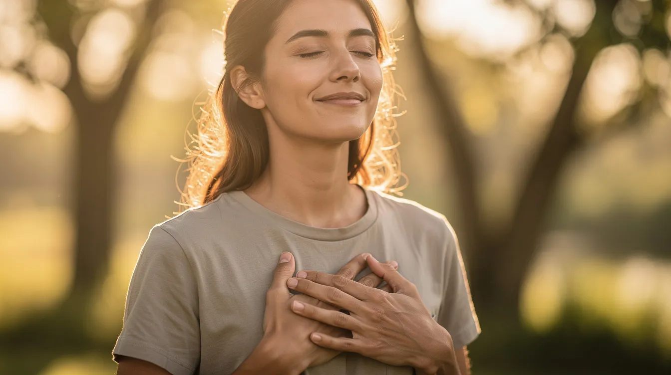 A person stands outdoors in the gentle morning light with their eyes closed and hands resting on their chest, practicing deep breathing to promote nervous system regulation. Their calm expression reflects a moment of self-care and emotional regulation, essential for managing stress and enhancing mental health.