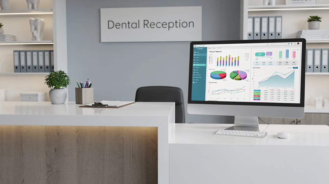 The image depicts a dental office reception desk featuring a computer displaying financial reports, which may include billing tasks and patient payments related to dental services. This busy dental practice emphasizes the importance of streamlined billing processes and accurate coding for effective cash flow management.