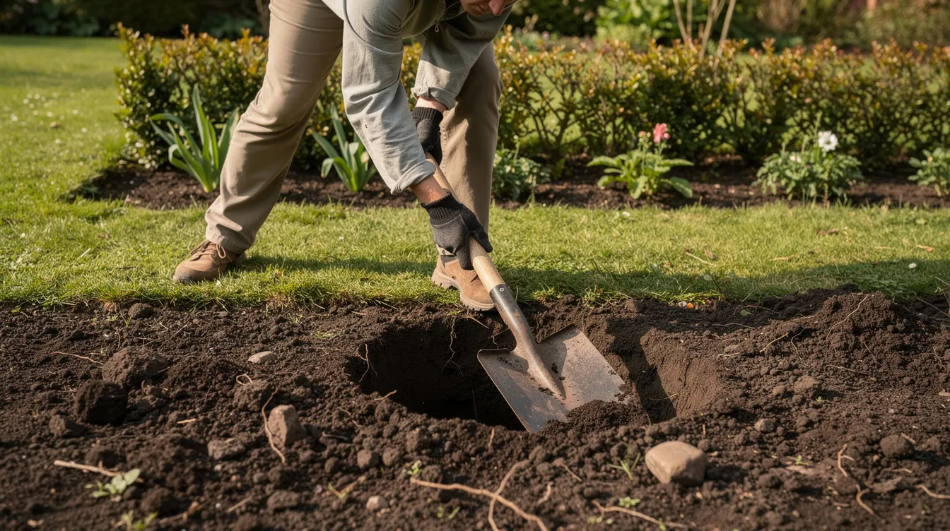 Une personne creuse un trou test dans un jardin à l'aide d'une pelle, examinant le sol pour évaluer la faisabilité d'un système de gestion des eaux pluviales. Cette action est essentielle pour comprendre le drainage et l'infiltration des eaux dans le terrain.