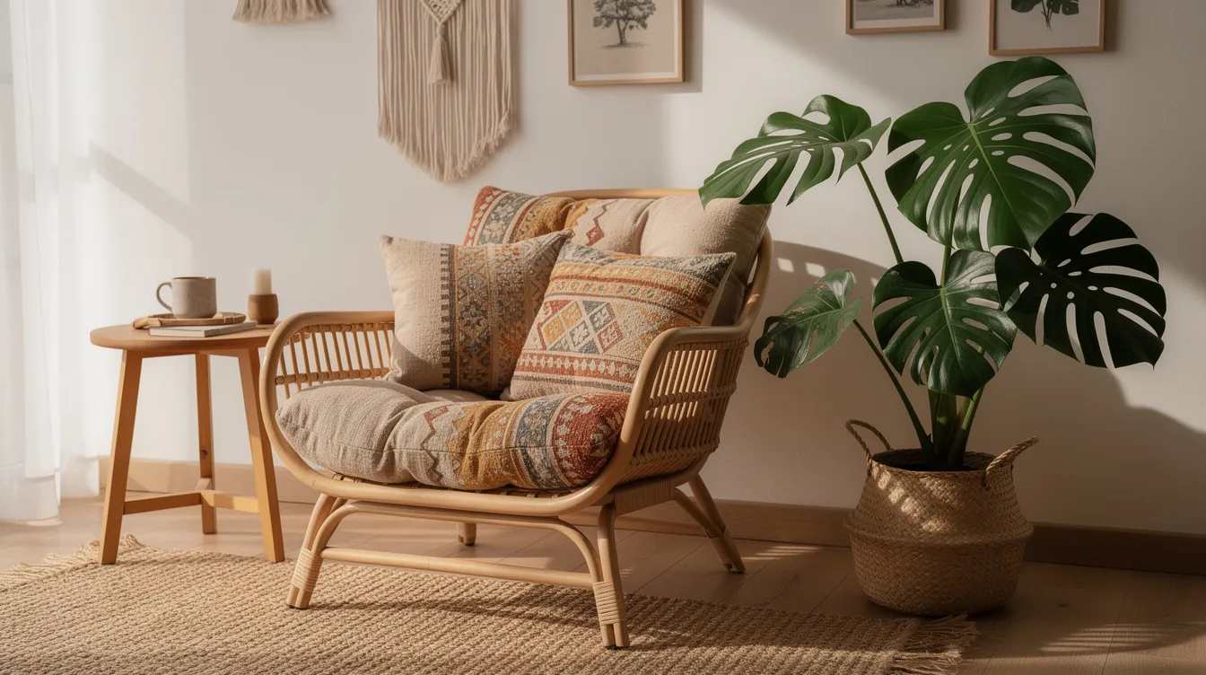 Das Bild zeigt ein gemütliches Wohnzimmer mit einem Rattansessel, der mit bunten, gemusterten Kissen dekoriert ist. Im Hintergrund steht eine Monstera-Pflanze, die dem Raum im Boho-Stil eine frische Atmosphäre verleiht und ideale Inspiration für Wohnzimmer-Deko-Ideen bietet.