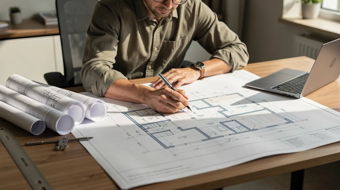 A person is intently reviewing detailed architectural blueprints spread across a desk, indicating a focus on the planning phase of a construction project. This scene reflects the early stages of securing construction loans and understanding the loan process for building a dream home.