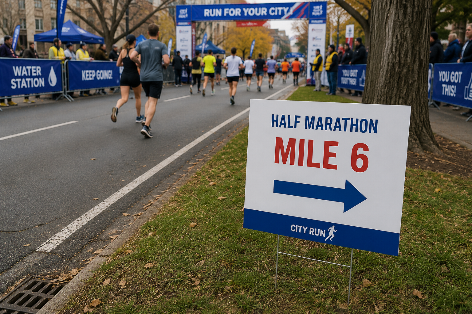 Custom yard sign for half marathon event direction and mile marker
