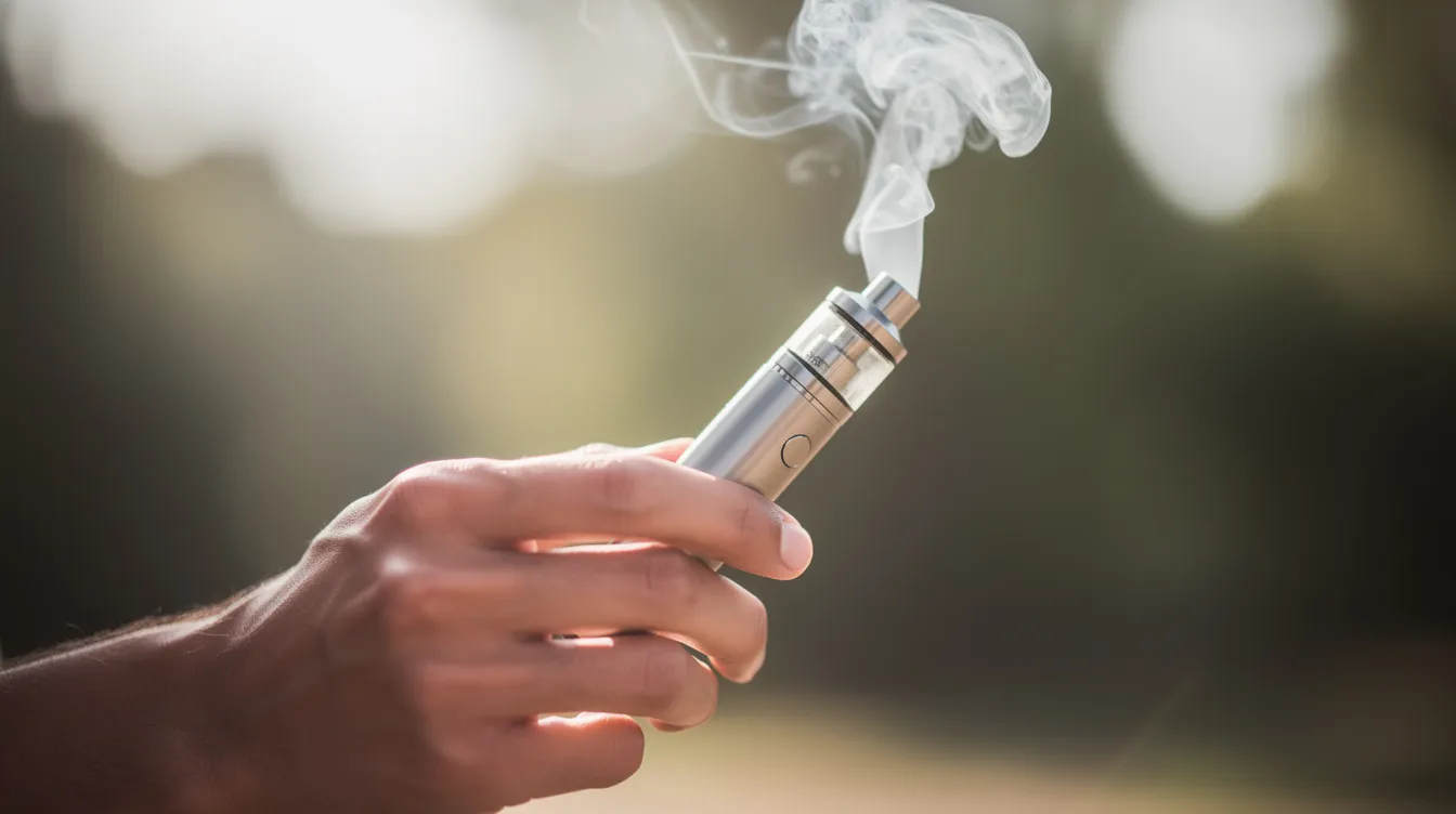 A person is holding a small vape pen outdoors, exhaling visible vapor against a softly blurred natural background. The image captures the smooth airflow and vapor production, highlighting the vaping experience in a serene setting.