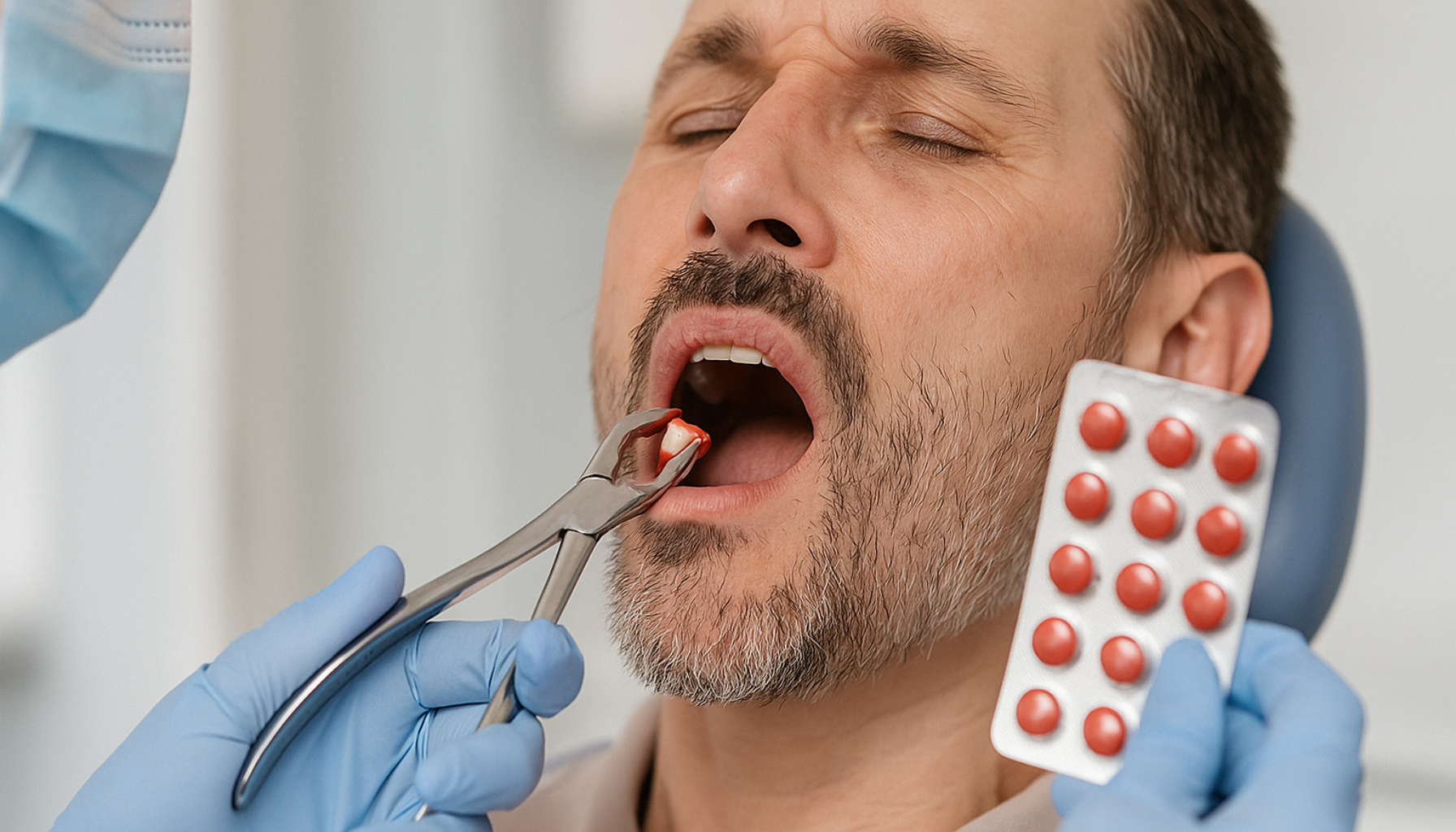 Mann får trukket tann med tang; blodfortynnende tabletter vises i forgrunnen.