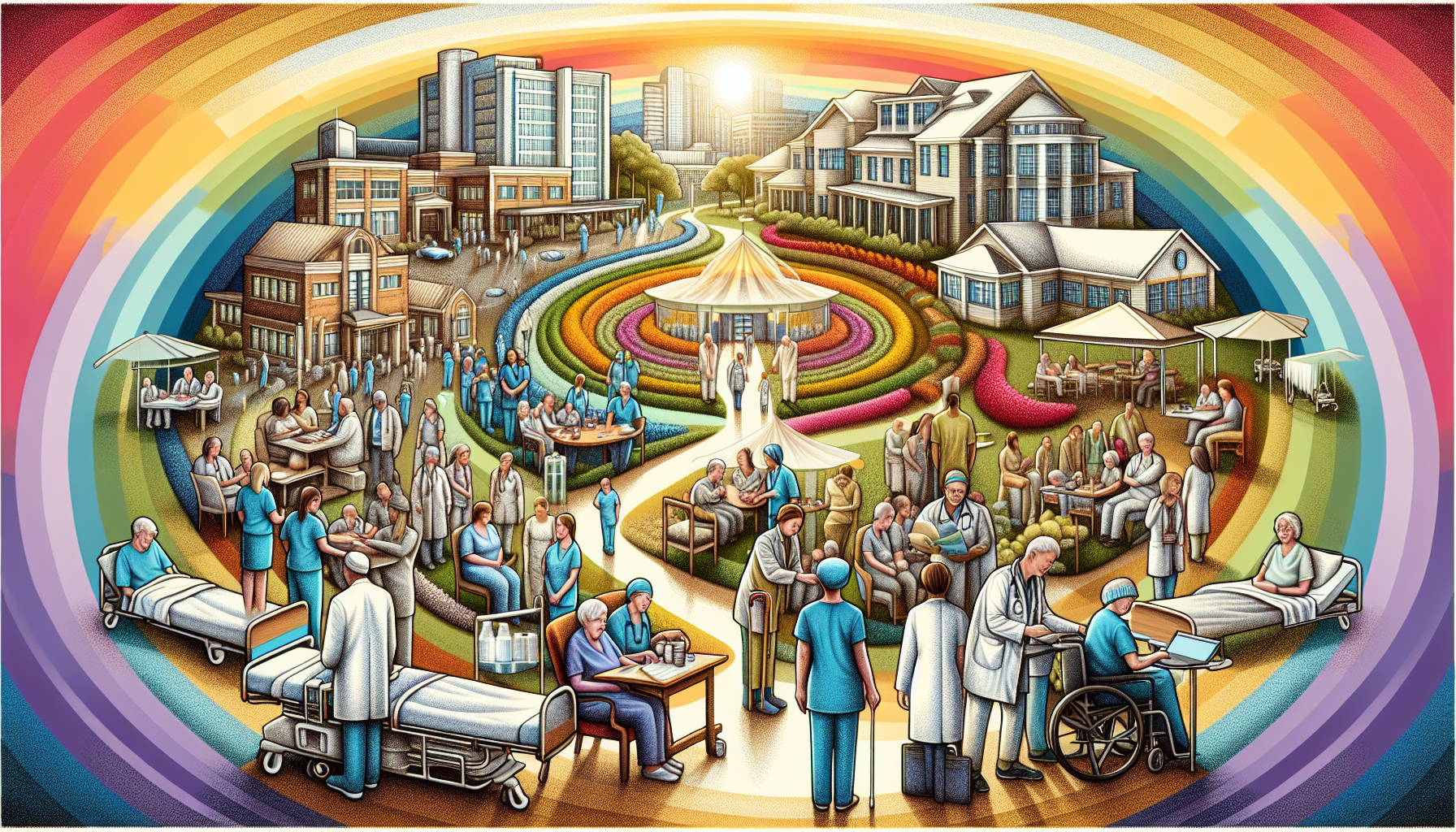 Illustration of diverse healthcare settings where palliative and hospice care are provided