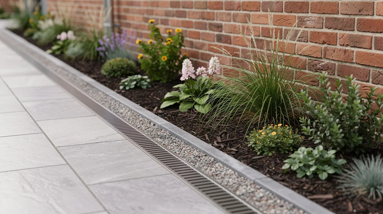 The image shows a limestone patio edge beside a brick wall, featuring a planted border and garden drainage. This outdoor space is designed with low maintenance in mind, utilizing durable porcelain paving slabs that enhance the overall aesthetic.