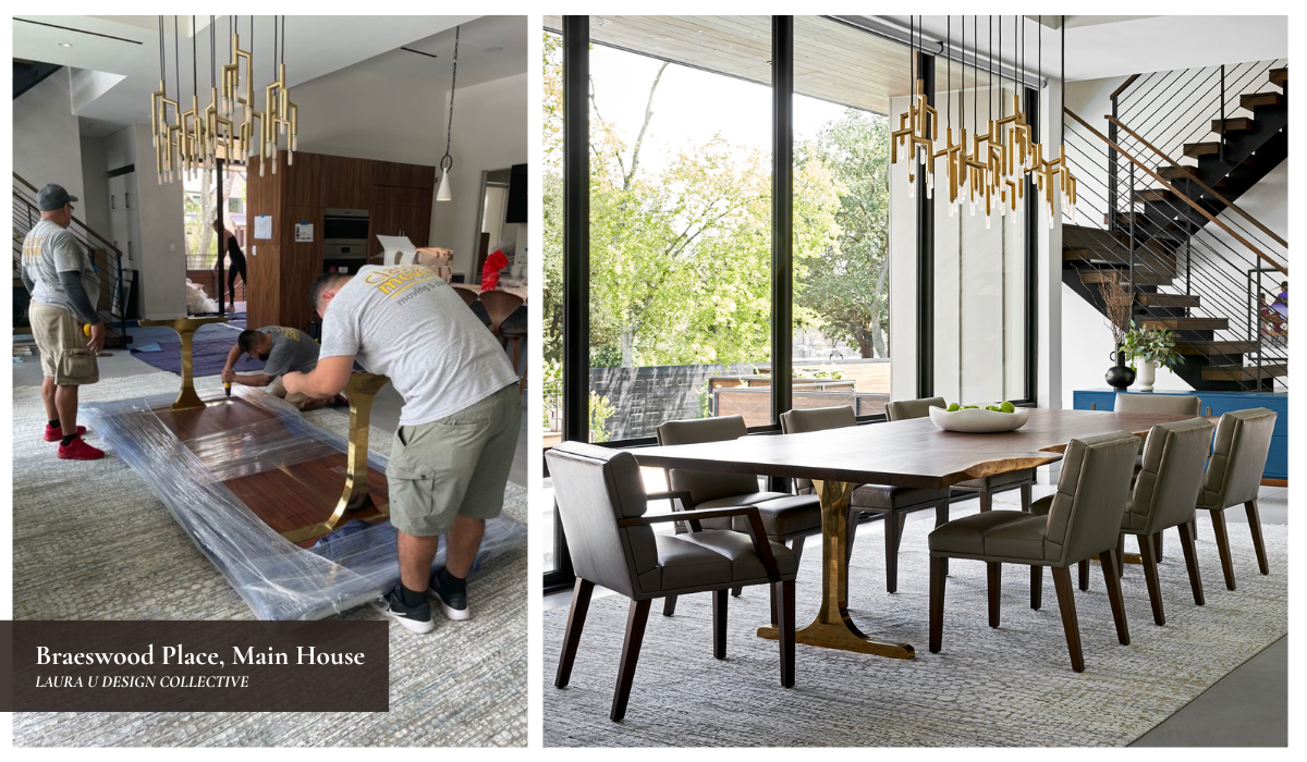 Luxury dining room installation with a live-edge wood table, brass chandelier, floor-to-ceiling windows, and modern staircase in a contemporary Houston home.