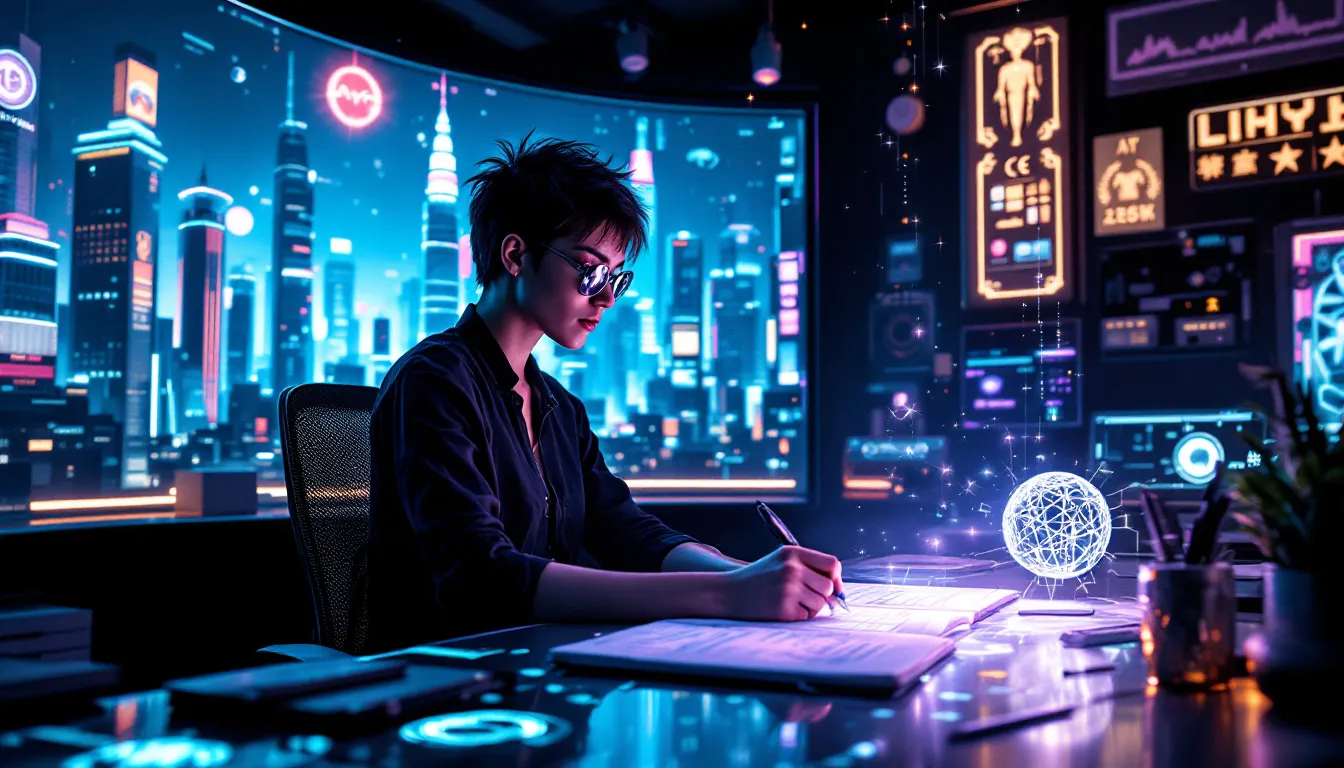 A creative workspace showing a writer using AI tools to enhance their storytelling process.