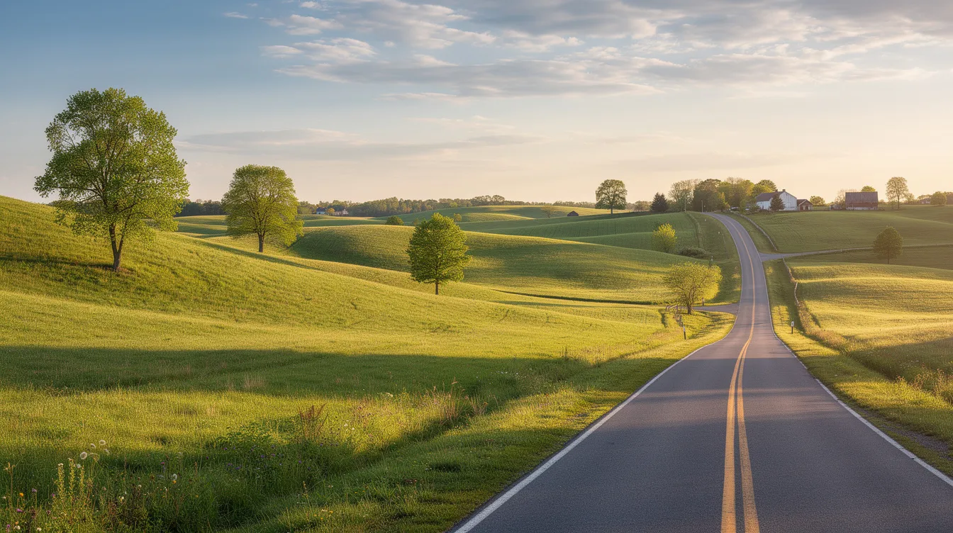 The image depicts a picturesque New Jersey landscape featuring rolling green hills and a winding road, evoking a sense of tranquility in the Garden State. This serene scene contrasts with the state's strong gun laws aimed at preventing gun violence and ensuring responsible firearm ownership.