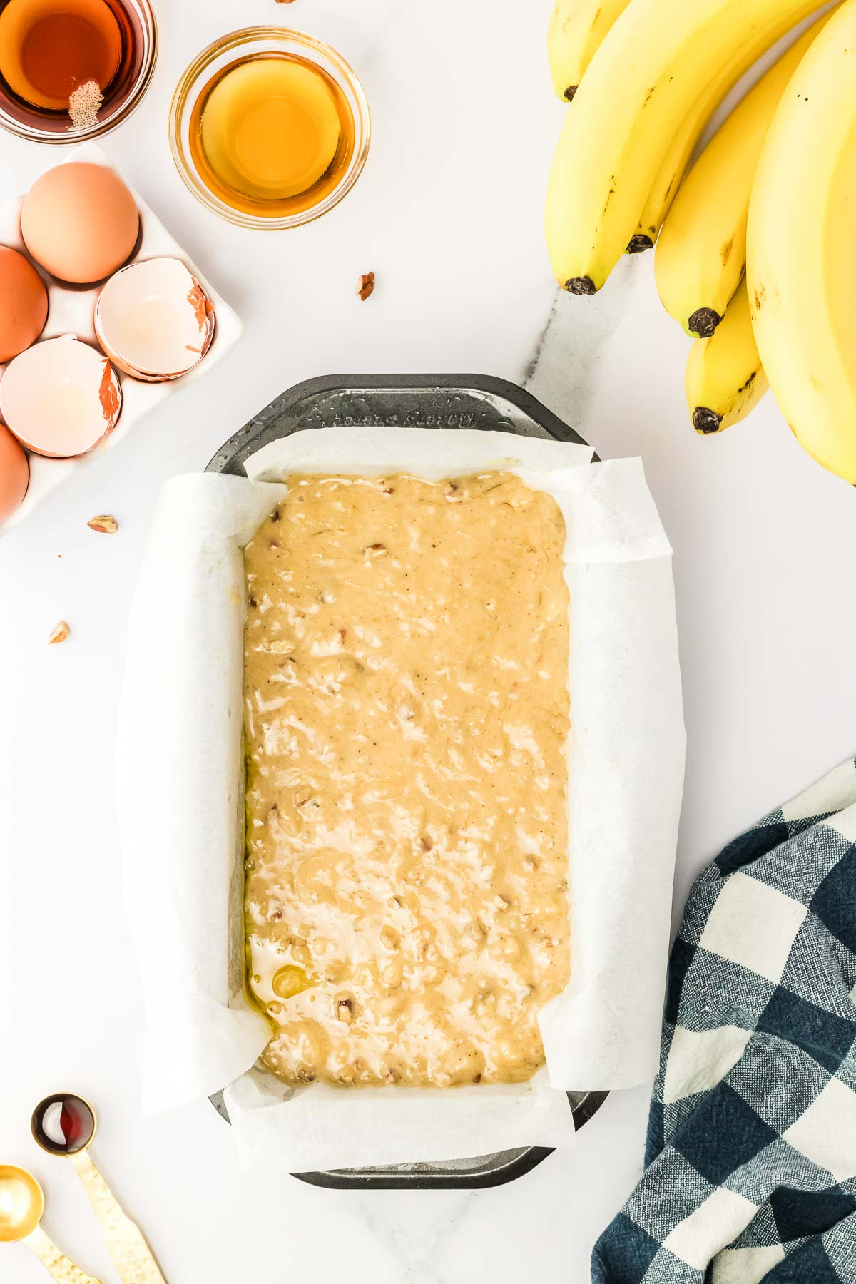 unbaked bourbon banana bread in loaf pan