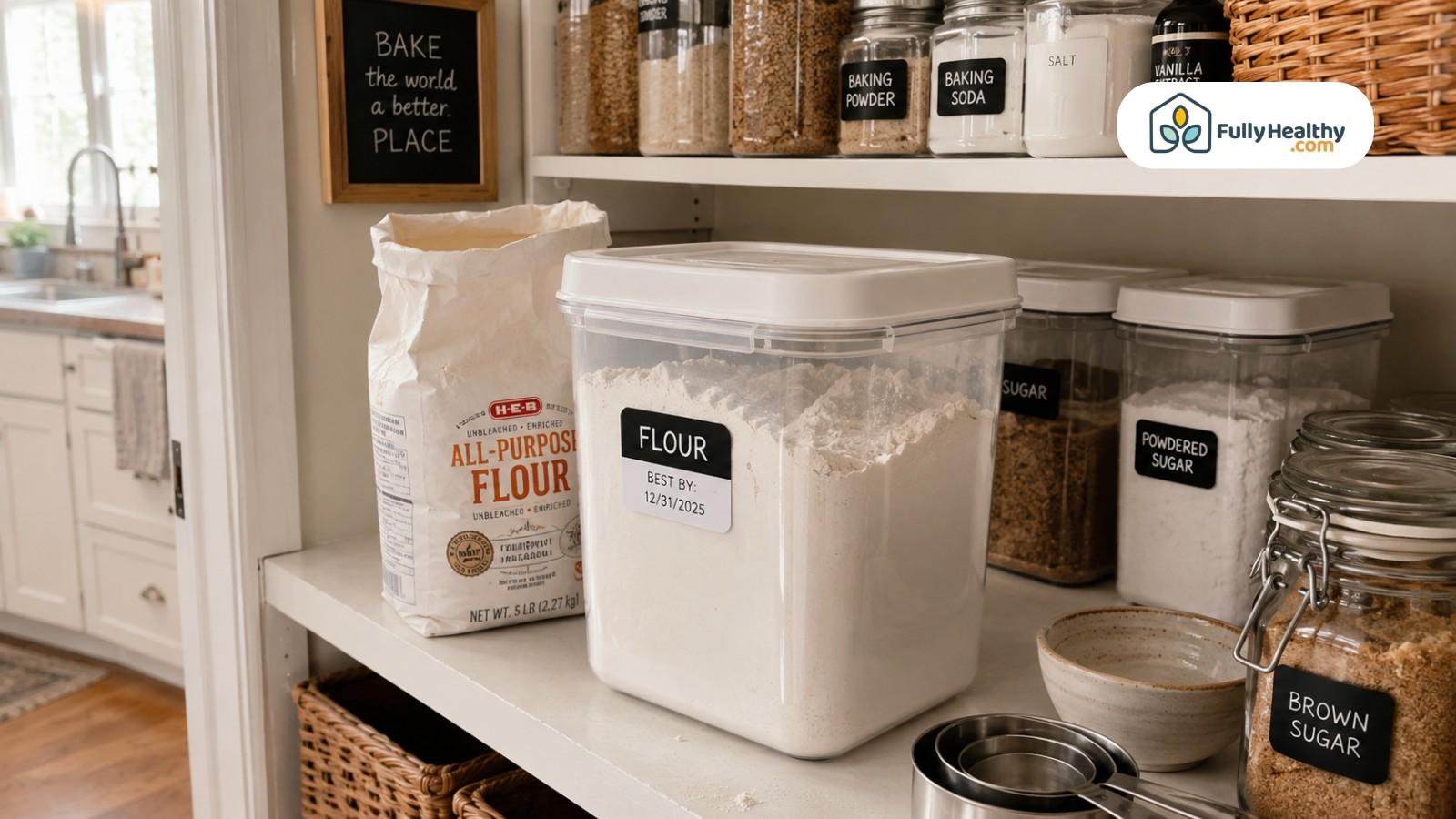 Labeled flour container stored beside baking staples on organized pantry shelf