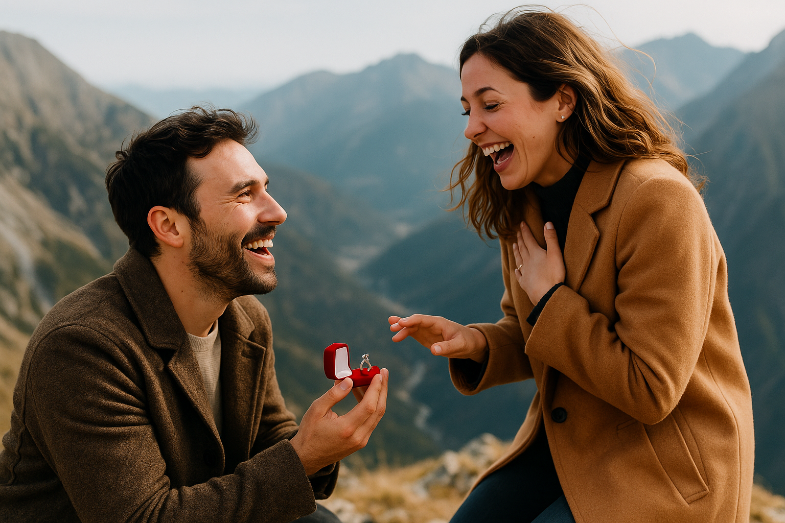 Pasipiršimo kalnuose momentas, kur vaikinas įteikia sužadėtuvių žiedą merginai, jų veidus užlieja laimės ir gražių emocijų šypsenos