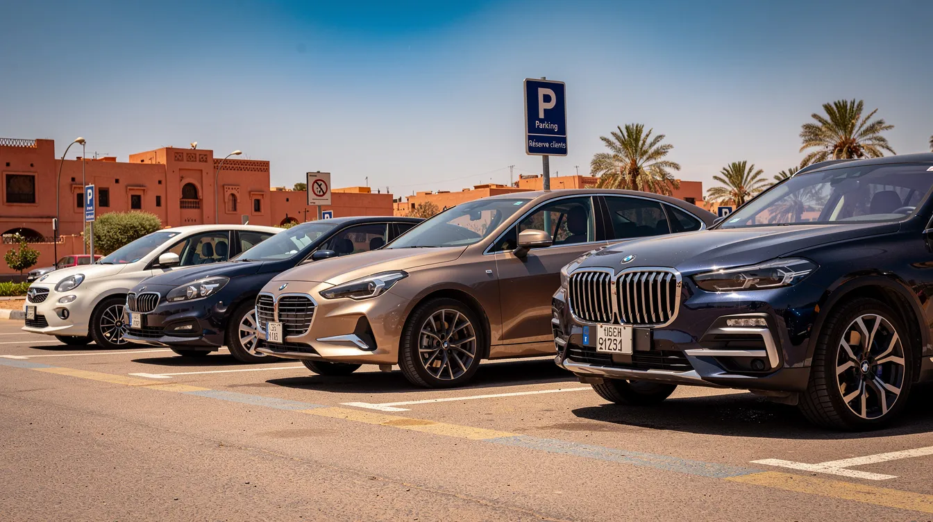 Dans un parking ensoleillé au Maroc, plusieurs voitures de différentes catégories sont alignées, prêtes pour la location. Ce lieu à Meknès offre une gamme variée de véhicules, adaptés aux besoins des clients, qu'ils soient en tourisme ou en affaires.
