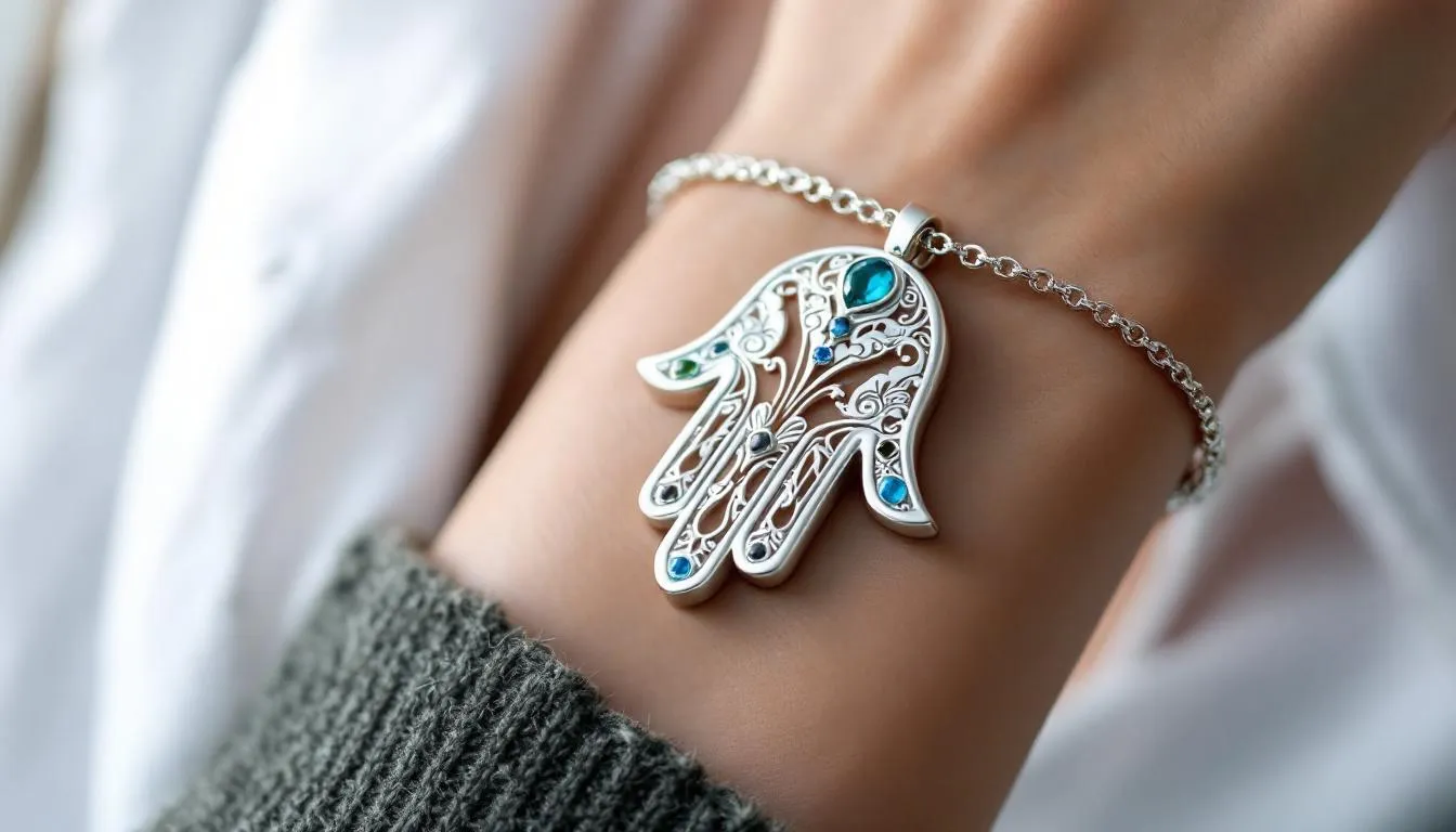 The image showcases a collection of stylish hamsa bracelets featuring intricate hamsa hand charms, crafted in sterling silver. Each bracelet is designed to provide protection against negativity, making them not only fashionable jewellery pieces but also meaningful symbols for the wearer.