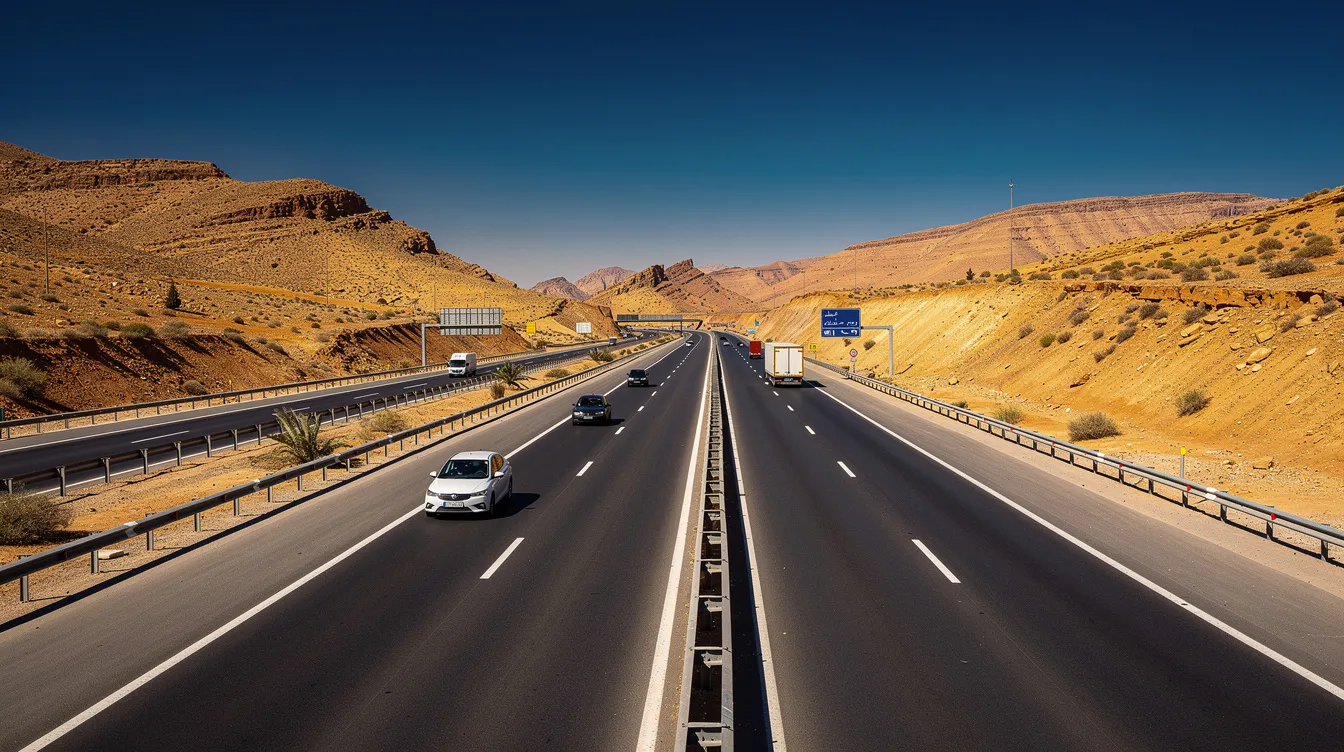 Une autoroute moderne au Maroc, avec des voitures circulant rapidement sous un ciel bleu éclatant, est bordée de collines verdoyantes. Cette image évoque la liberté de voyager et de découvrir les paysages marocains, tout en soulignant l'importance de la location de voitures pour explorer le pays.