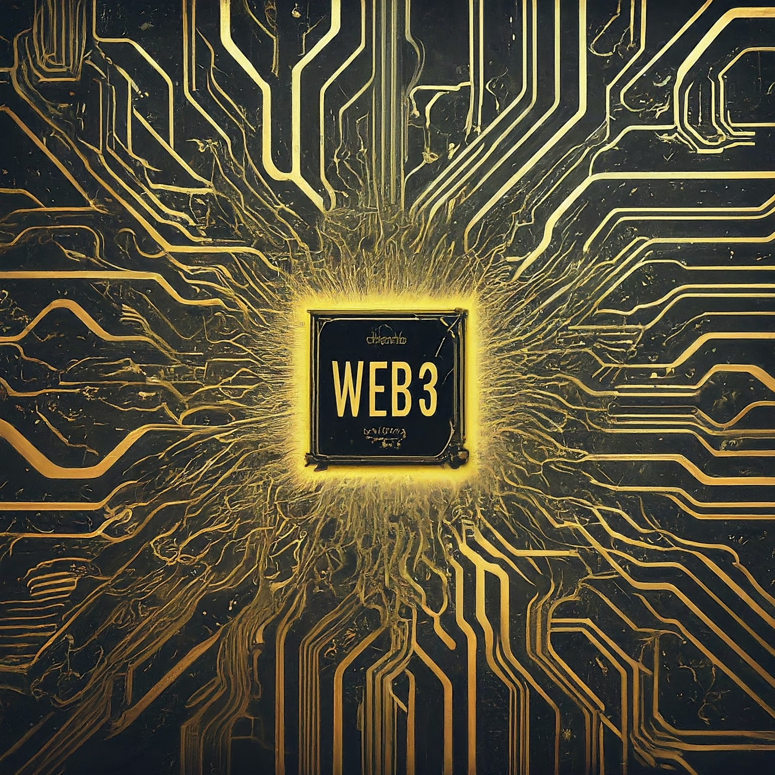 The image depicts  an intricate circuit board in gold, with glowing pathways representing the flow of data and processes within a Web3 application