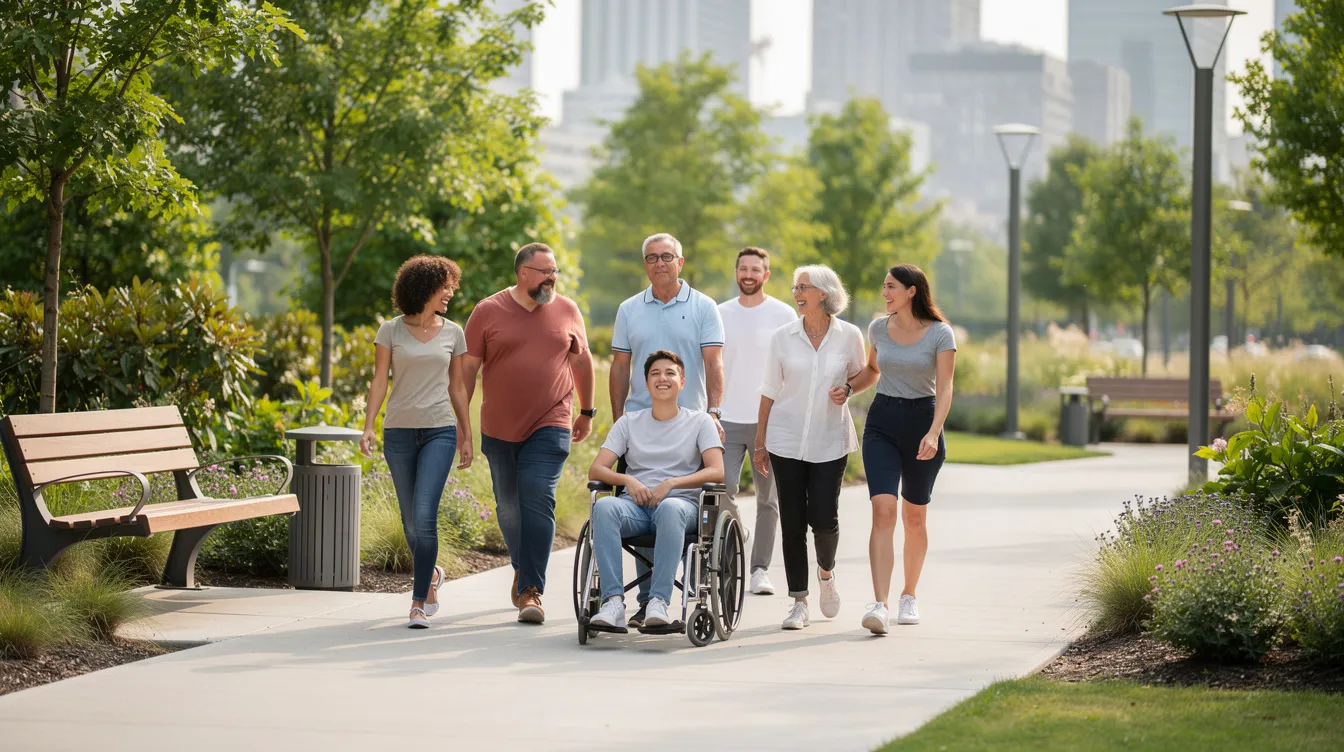 A diverse group of people, including a person in a wheelchair, are walking together in a modern city park filled with greenery and wide accessible pathways, showcasing a truly inclusive society. This scene highlights the importance of accessibility and community development for people of determination, promoting equality and acceptance in public spaces.
