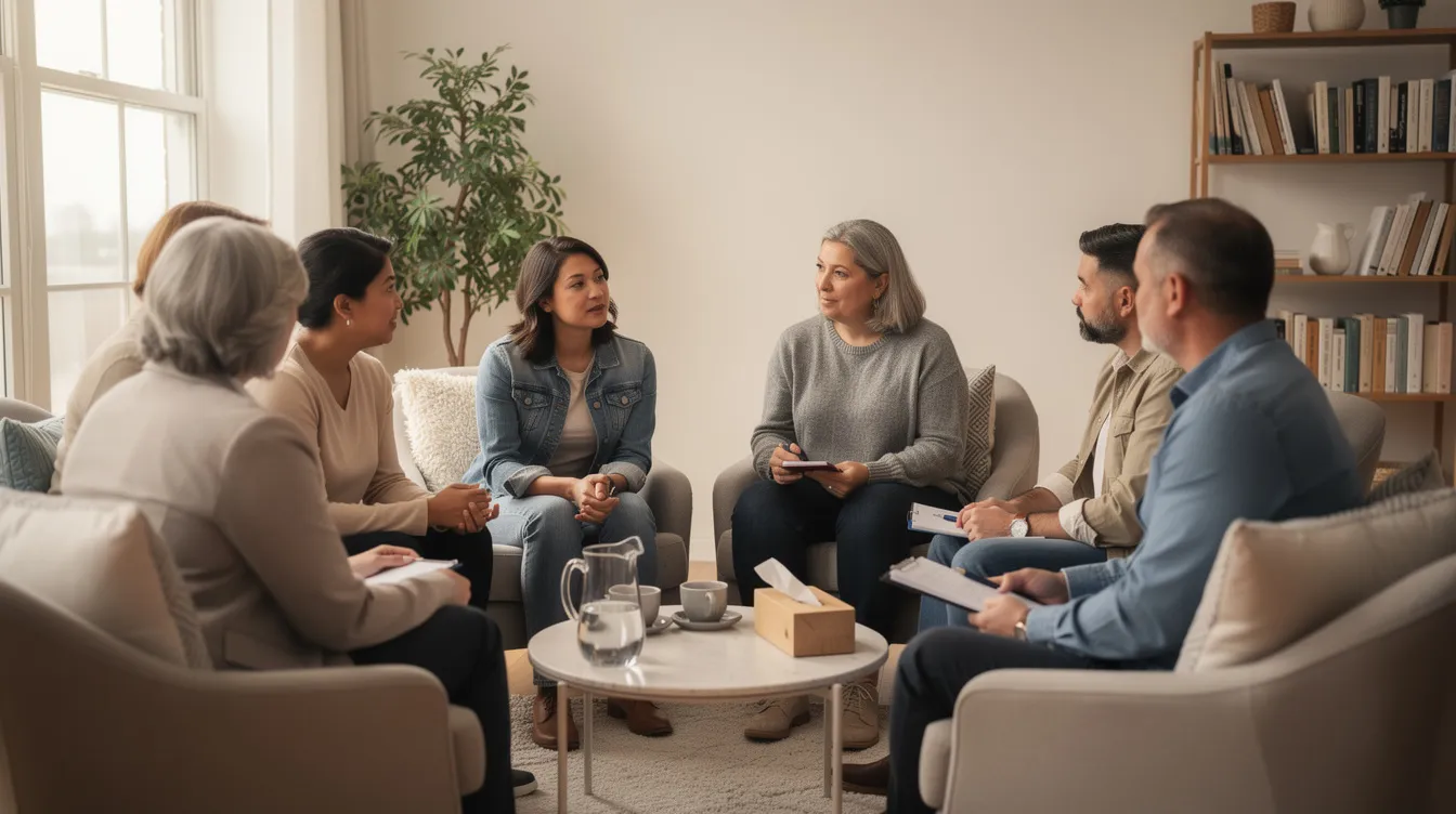 A diverse group of adults is seated in a supportive circle, engaging in a conversation that emphasizes understanding behavioral health and mental health challenges. This gathering reflects a safe space for discussing mental health concerns and sharing coping mechanisms, highlighting the importance of behavioral health therapy in improving overall well-being.
