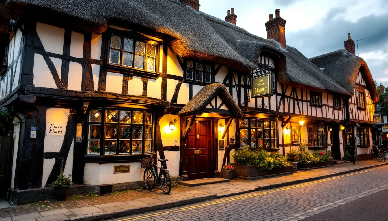 An inviting traditional English pub showcasing Tudor-style architecture, nestled in a historic market town in Surrey, surrounded by beautiful countryside and offering a perfect blend of rich history and modern amenities. This charming establishment reflects the character of the area, making it a must-visit spot for both residents and visitors exploring the Surrey hills.