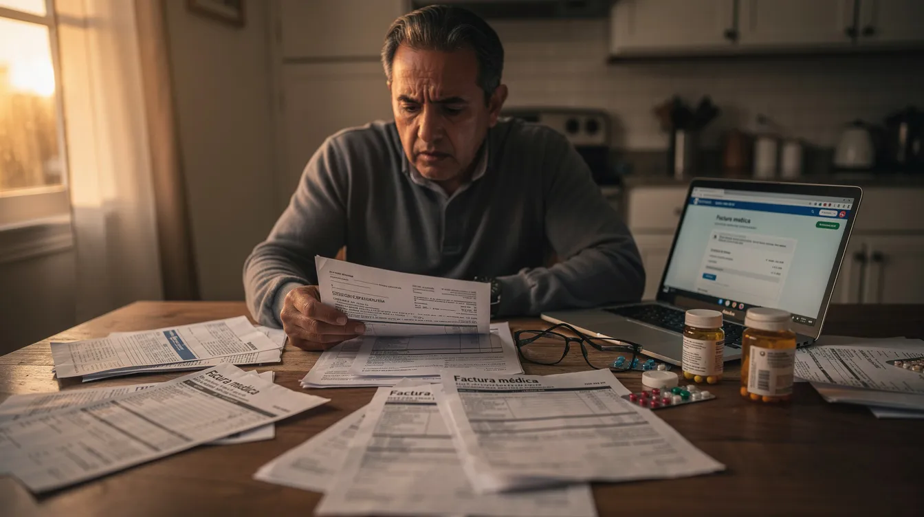 The image shows a person sitting at a table, carefully reviewing medical documents and invoices related to an accident. This scene highlights the importance of understanding the details after an accident, especially when dealing with insurance companies and legal matters in Houston.