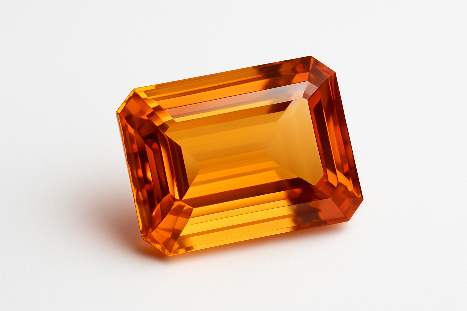 Auksinis topazas stačiakampio formos šlifu, padėtas ant balto fono. Akmuo spindi šiltu gintaro ir aukso atspalviu, o subtilūs šviesos atspindžiai pabrėžia jo spindesį ir precizišką šlifavimą