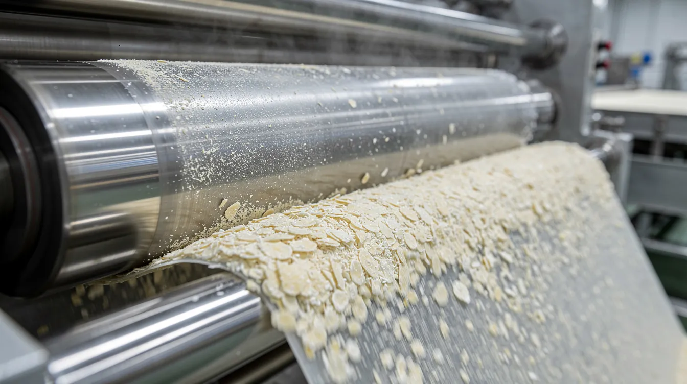 e52a9cf2 7482 4da8 a39e d87a522308a9 A close-up view of industrial steel roller mills in a food processing factory shows the machinery pressing flattened rice flakes, part of the production process for puffed rice. The equipment is designed for high efficiency, ensuring product quality and extending shelf life in the manufacturing of value-added snacks.
