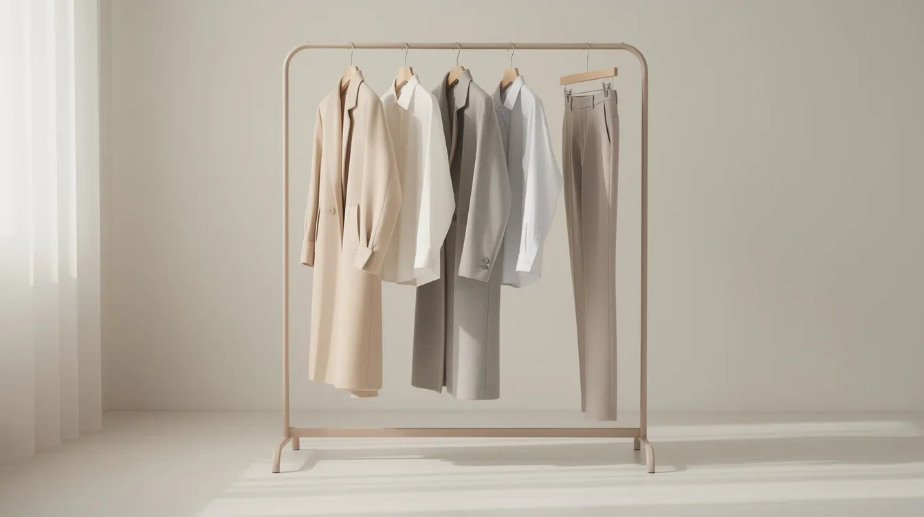 En minimalistisk klädställning visar stilfulla kläder i neutrala toner, inklusive tidlösa plagg som klänningar och byxor, designade av svenska formgivare. Den enkla och eleganta presentationen skapar en känsla av skandinavisk minimalism.