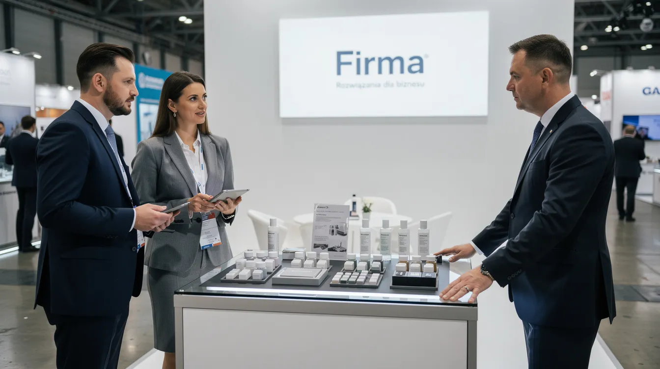 Na zdjęciu przedstawiono profesjonalne spotkanie biznesowe przy stoisku targowym, gdzie na stole eksponowane są próbki produktów. Uczestnicy wydarzenia, reprezentujący branżę reklamową, omawiają nowości oraz trendy w rynkach artykułów promocyjnych podczas międzynarodowych targów reklamy.