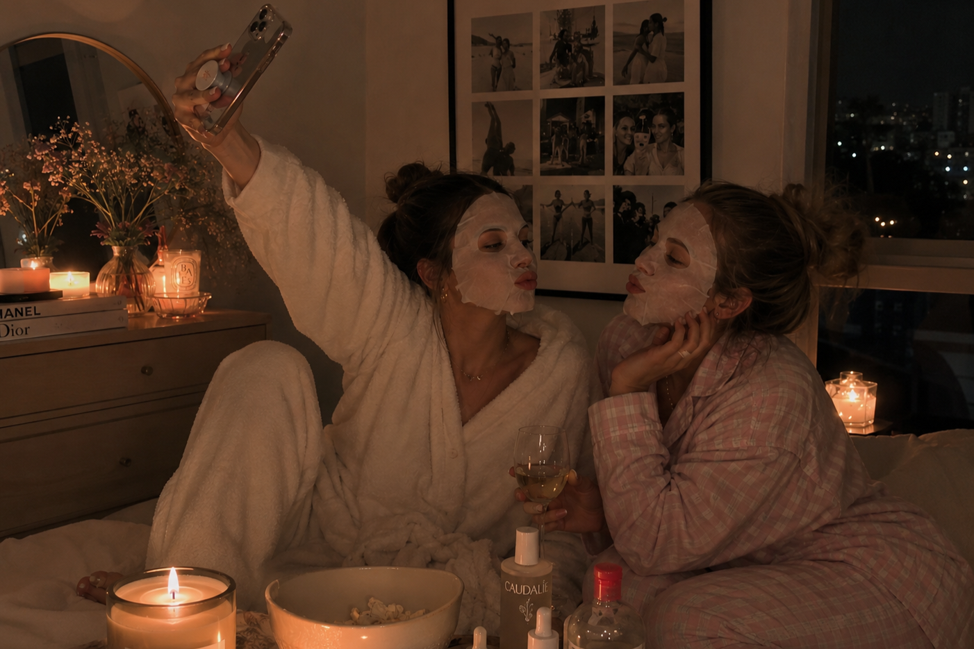 Friends taking a selfie while doing face masks, drinking wine, and hanging out with candles lit.