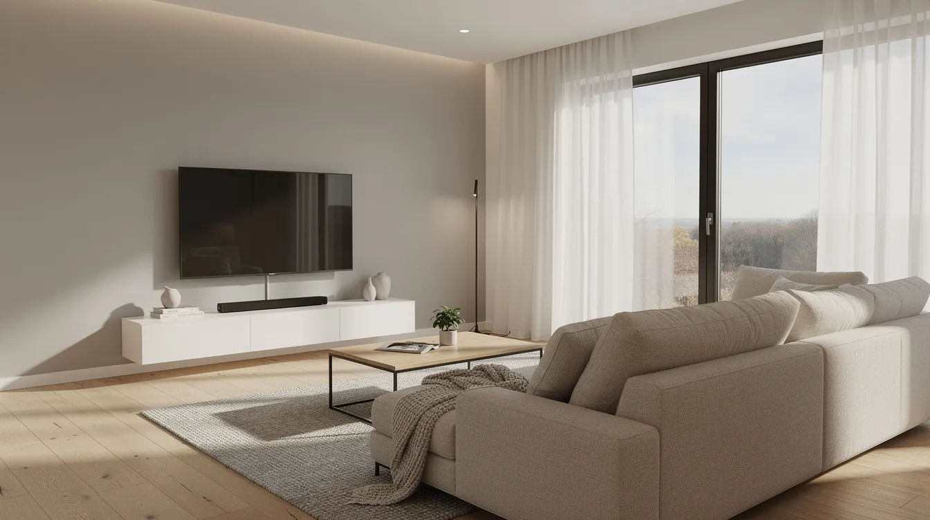 The image depicts a modern living room featuring a wall-mounted flat screen TV with concealed cabling, providing a sleek and tidy appearance. The setup emphasizes a clear line of sight for optimal signal quality, essential for enjoying channels from a DSTV satellite dish without interference from elements like heavy rain or strong winds.
