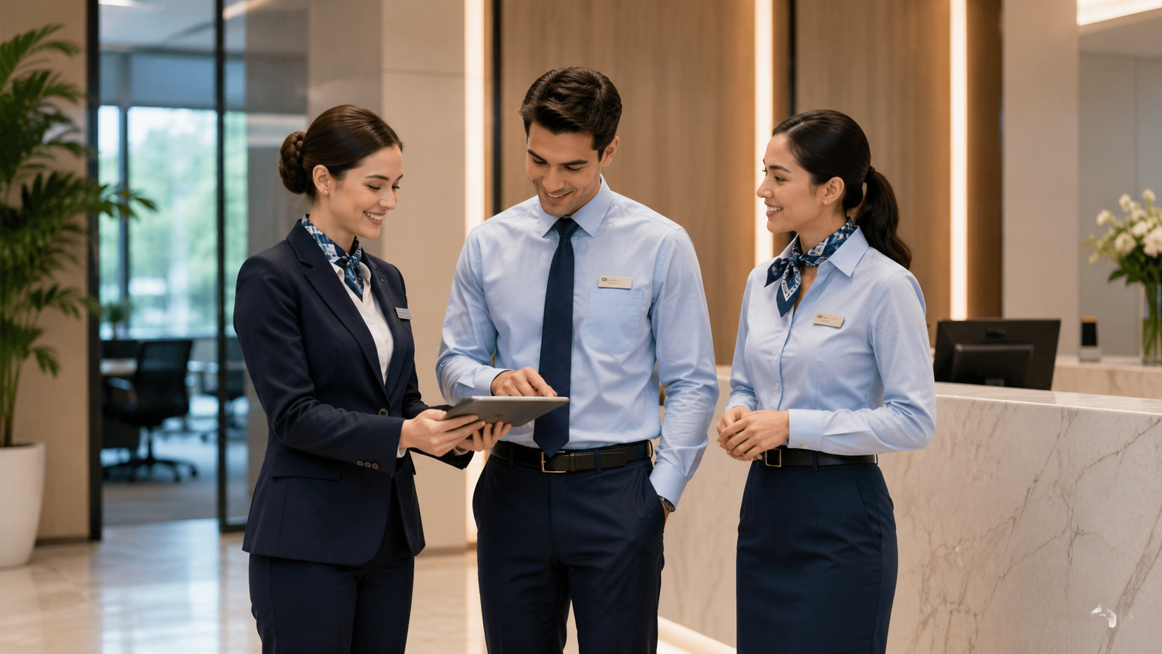 Corporate uniforms for reception and office staff, including dress shirts, ties, scarves, name badges, and tailored blazers