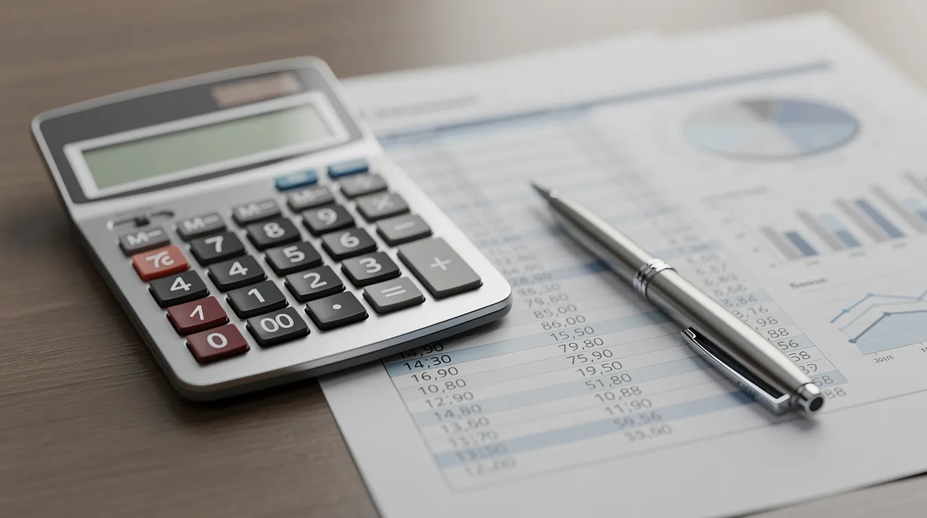 The image shows a financial calculator placed next to detailed financial statements and a pen, suggesting a focus on calculating retirement account values and planning for taxable income. This setup may be used for determining required minimum distributions (RMDs) and understanding the implications of being an IRA beneficiary.
