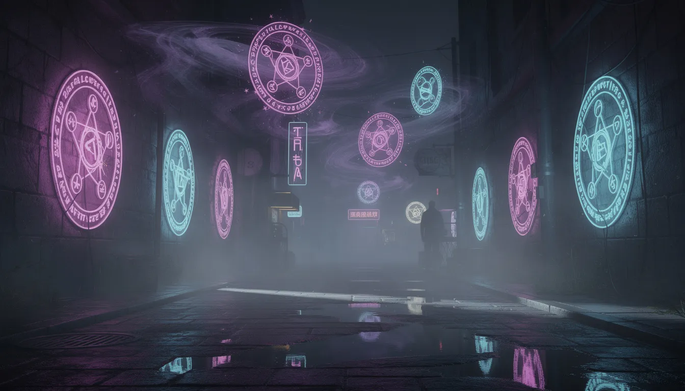 En mörk och mystisk atmosfär genomsyrar bilden, där neonljus lyser upp magiska symboler som svävar i luften. Den drömlika miljön skapar en känsla av mystik och förundran, perfekt för att utforska voodoodreams.