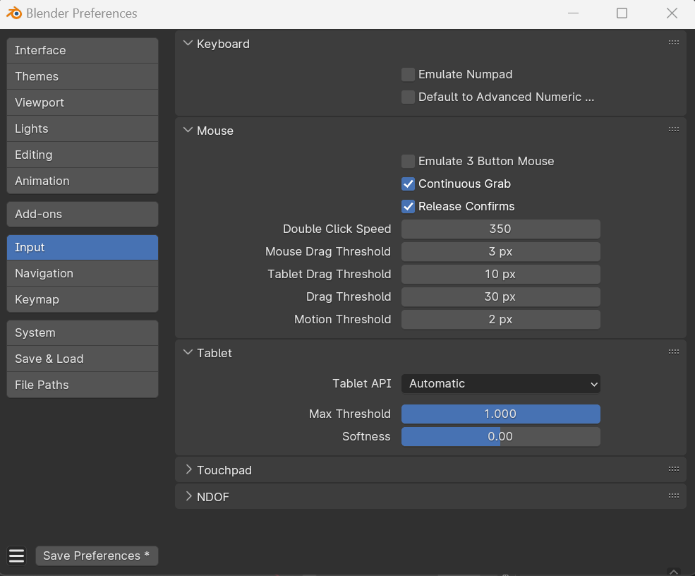 The input preferences panel in Blender